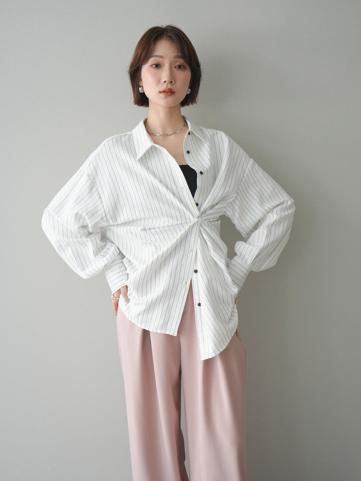 [SET]2WAYカシュクールストライプブラウス+ベルト付キーホルダーモチーフワイドパンツ(2set)