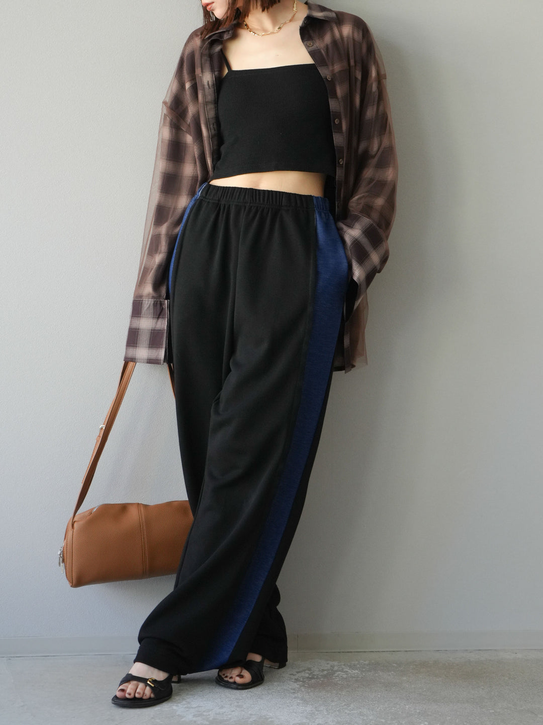 [套裝] 薄紗對接格紋寬鬆襯衫 + 牛仔布 Switch 2-Way 設計運動褲 (2 套)