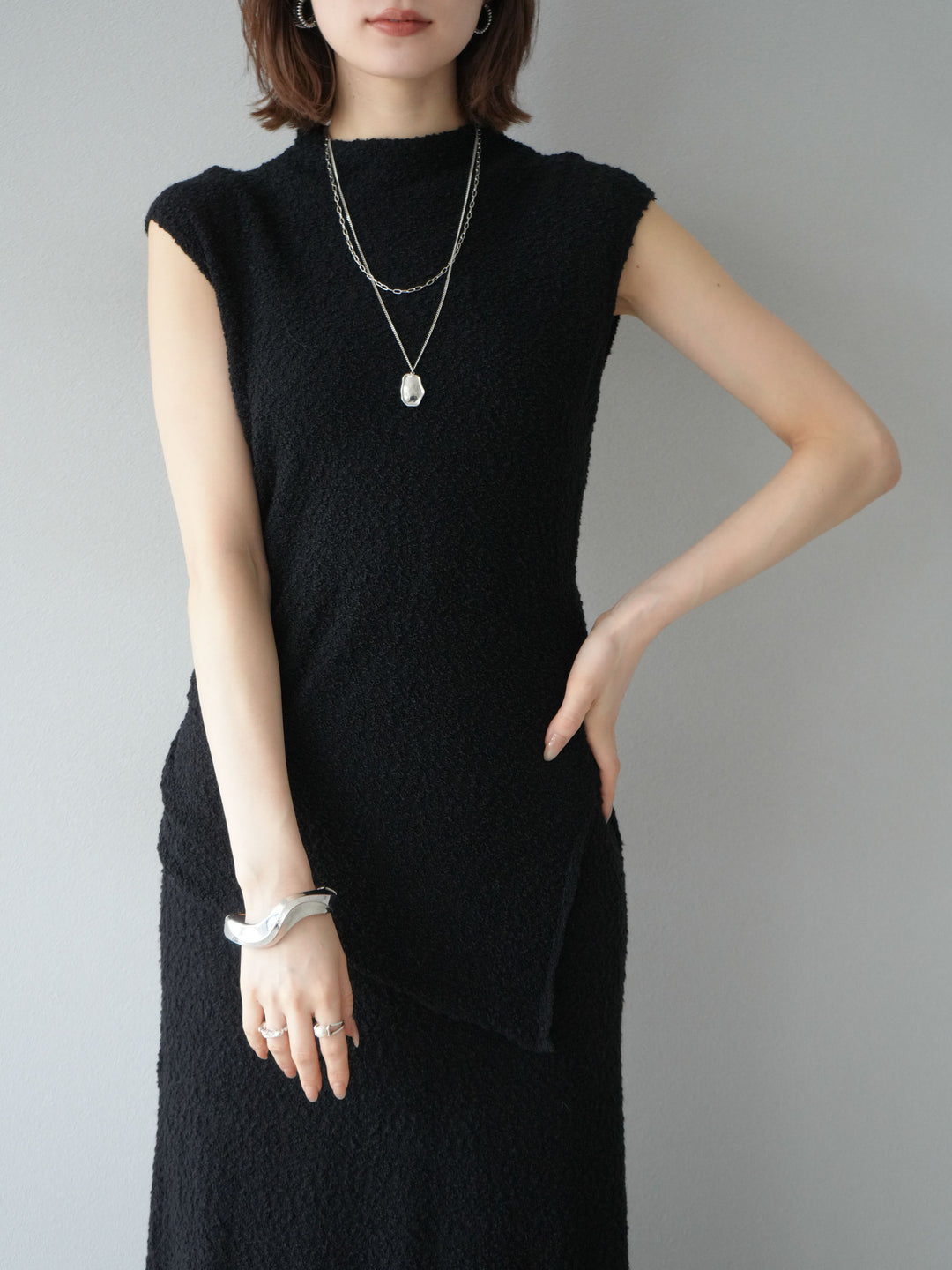 [套裝] 珠地佈針織無袖上衣 + 珠地佈針織I字裙 (2套)