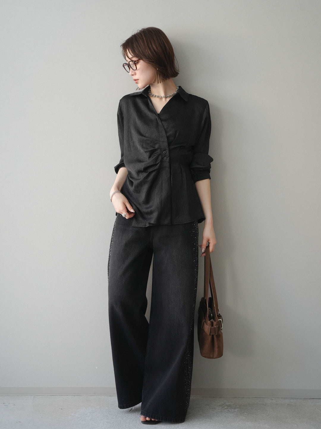 [予約]サイドビジューワイドデニムパンツ/black