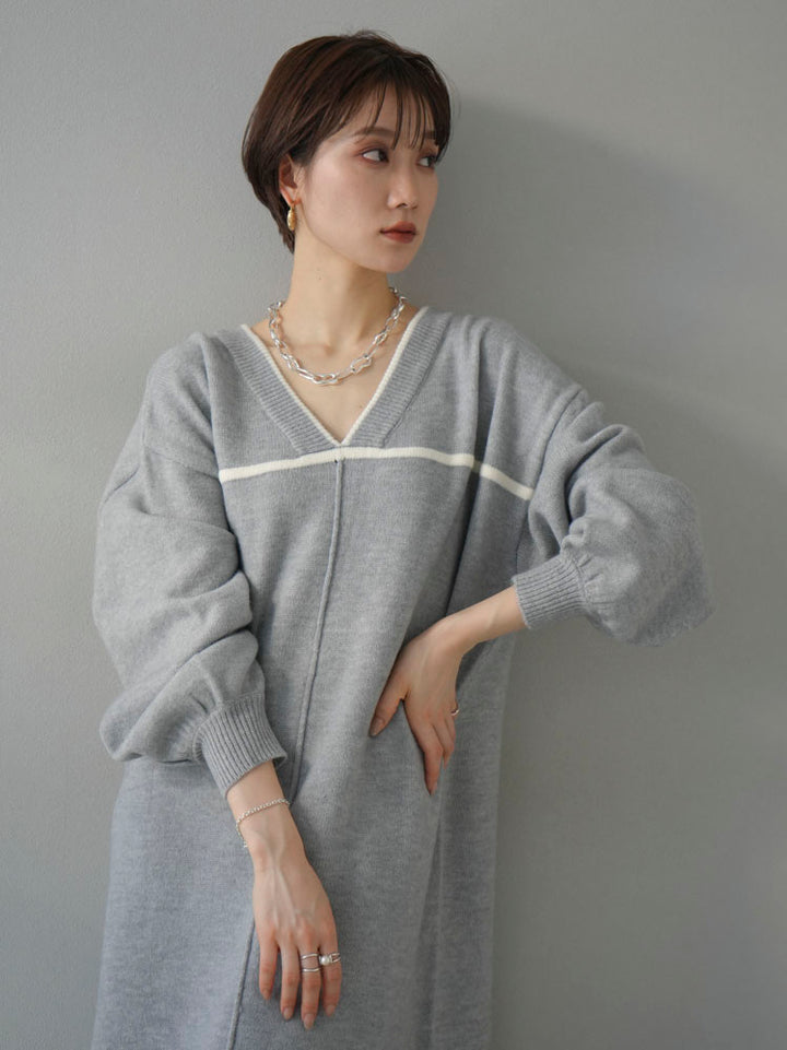 [Pre-order] Color-blocked piping knit dress/gray