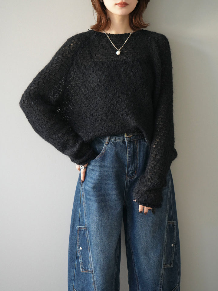 [予約]透かし編みモヘアタッチポコポコニットプルオーバー/black