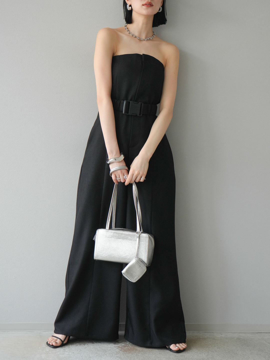 【預購】混色斜紋腰帶熊圖案工裝褲/黑色