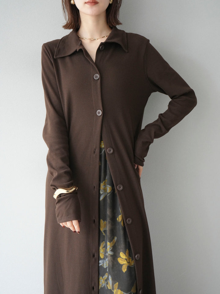 [SET]襟付きカットリブボタンワンピース+フラワープリントチュールレイヤードパンツ(2set)