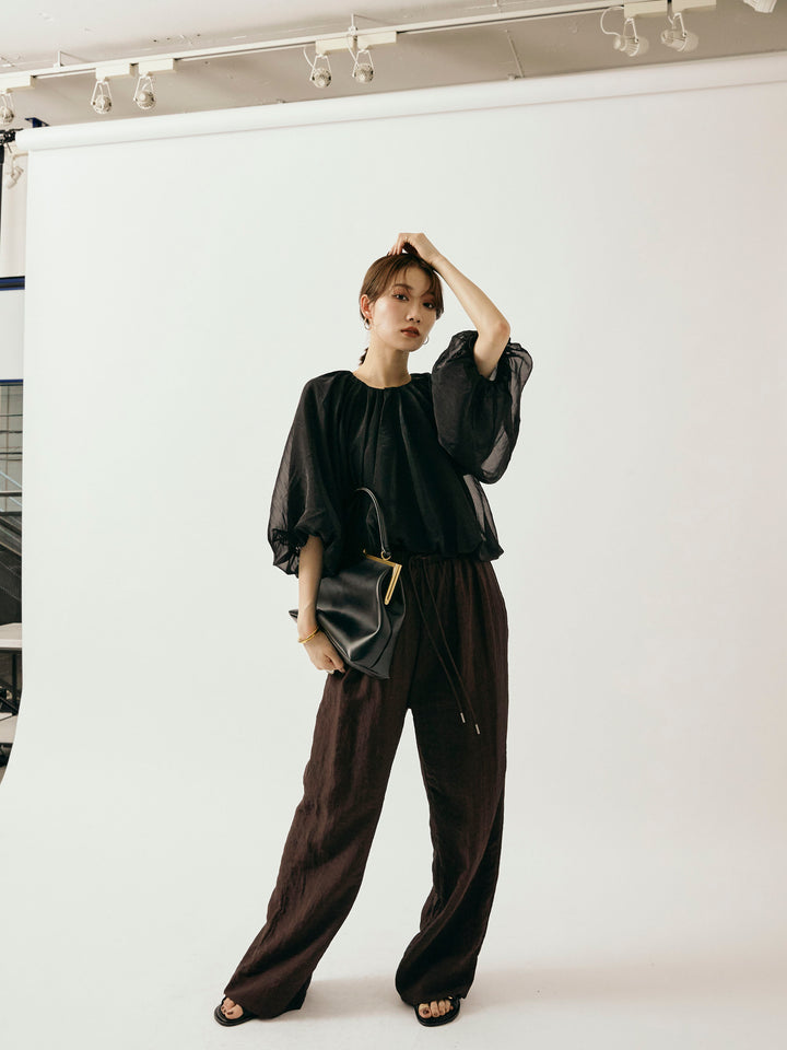 【Allure】[SET]オーガンジーバルーンショートブラウス+シャイニースラブシアーワイドパンツ(2set)