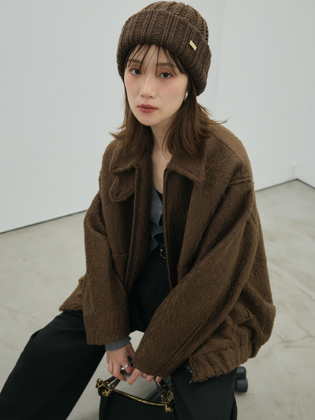 【Allure】[SET]スタンドカラーシャギーフライトジャケット+ループデザインツイルワイドパンツ(2set)