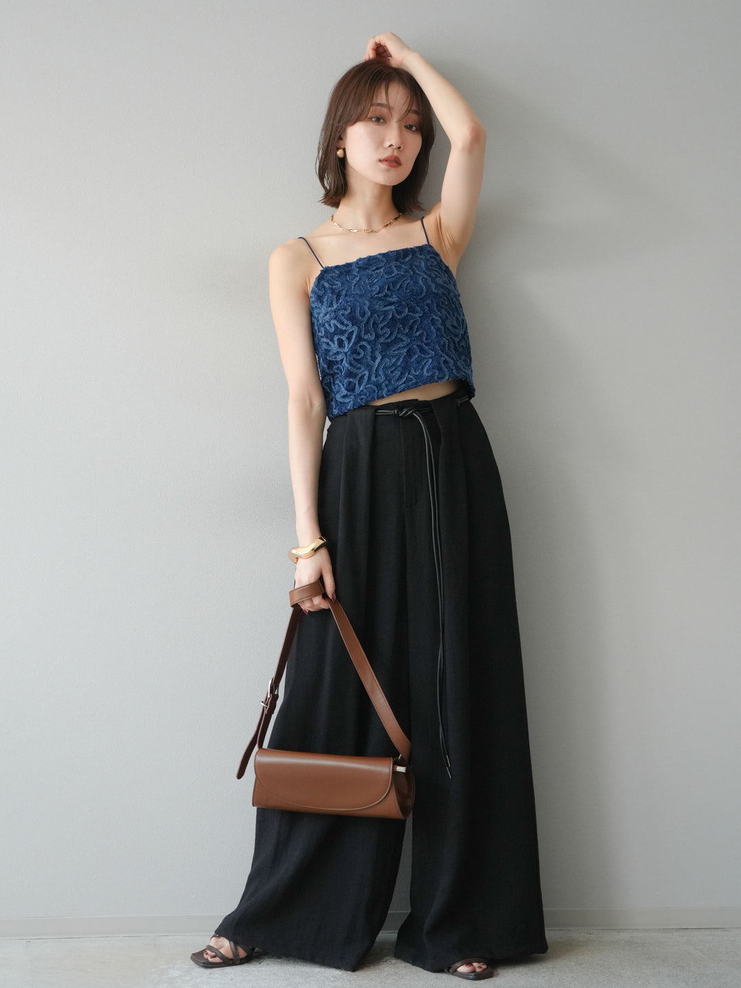 [予約]ロープデザインベルトリネンタッチワイドパンツ/ブラック