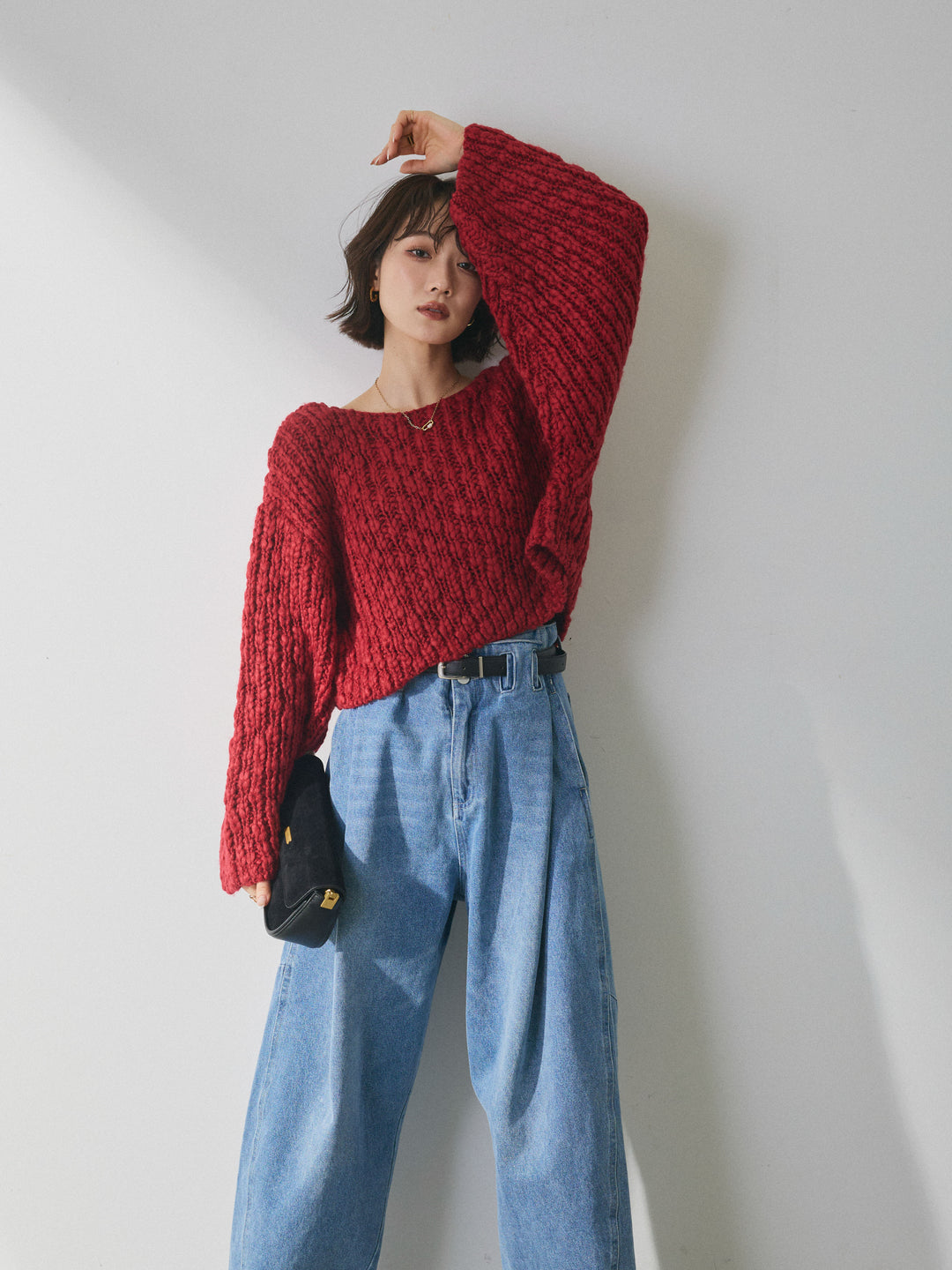 【Allure】[SET]クロップドチャンキースラブニットプルオーバー+ハイウエストベルトループデザインデニムパンツ(2set)