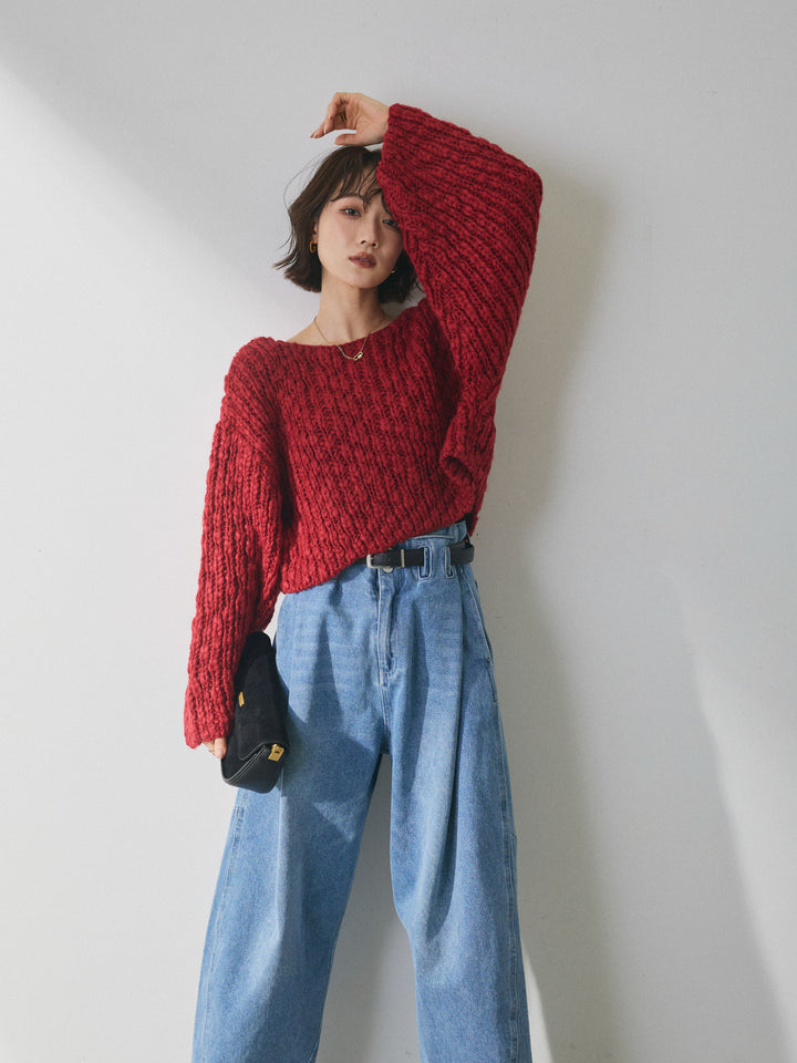 【Allure】[SET]クロップドチャンキースラブニットプルオーバー+ハイウエストベルトループデザインデニムパンツ(2set)