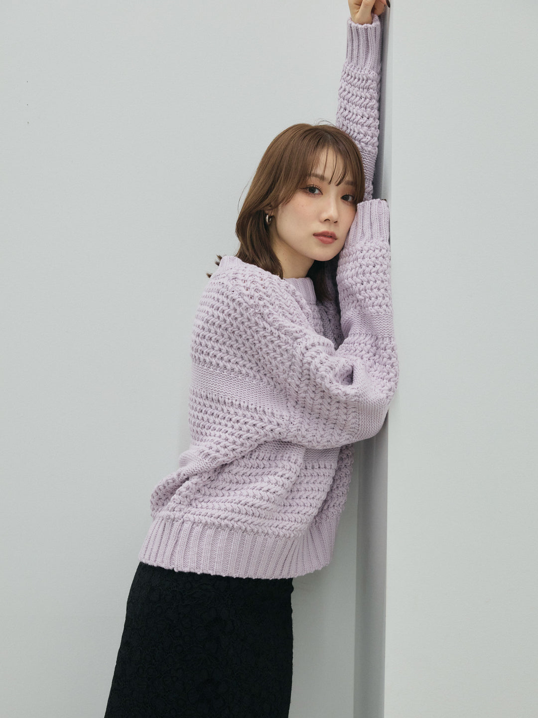 【Allure】[SET]ライン編みニットプルオーバー+起毛レースストレッチナロースカート(2set)