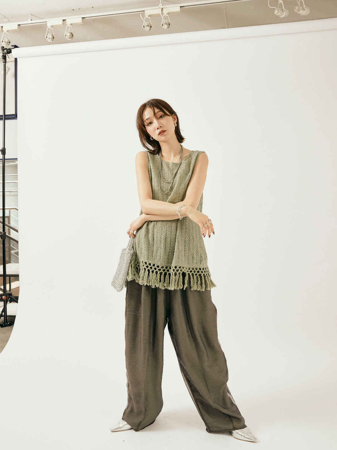 [予約]オーガンジーレイヤードサイドラインパンツ/チャコール