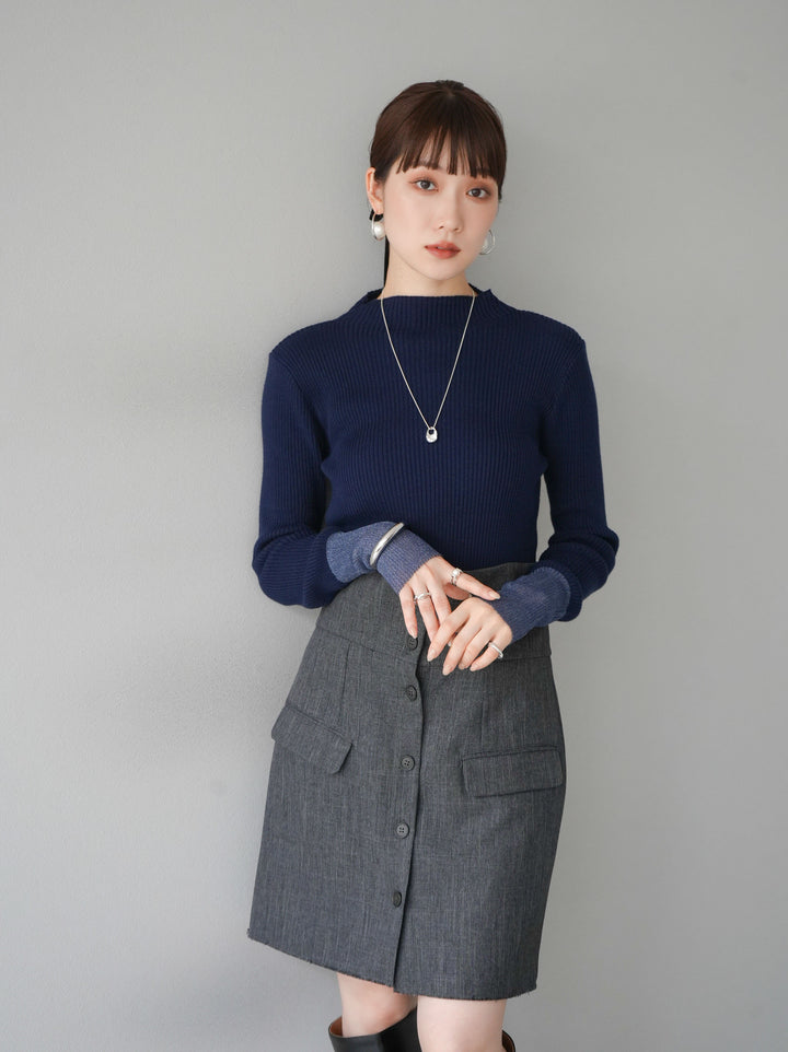 [予約]袖ラメシアー切替リブニットトップス/ネイビー