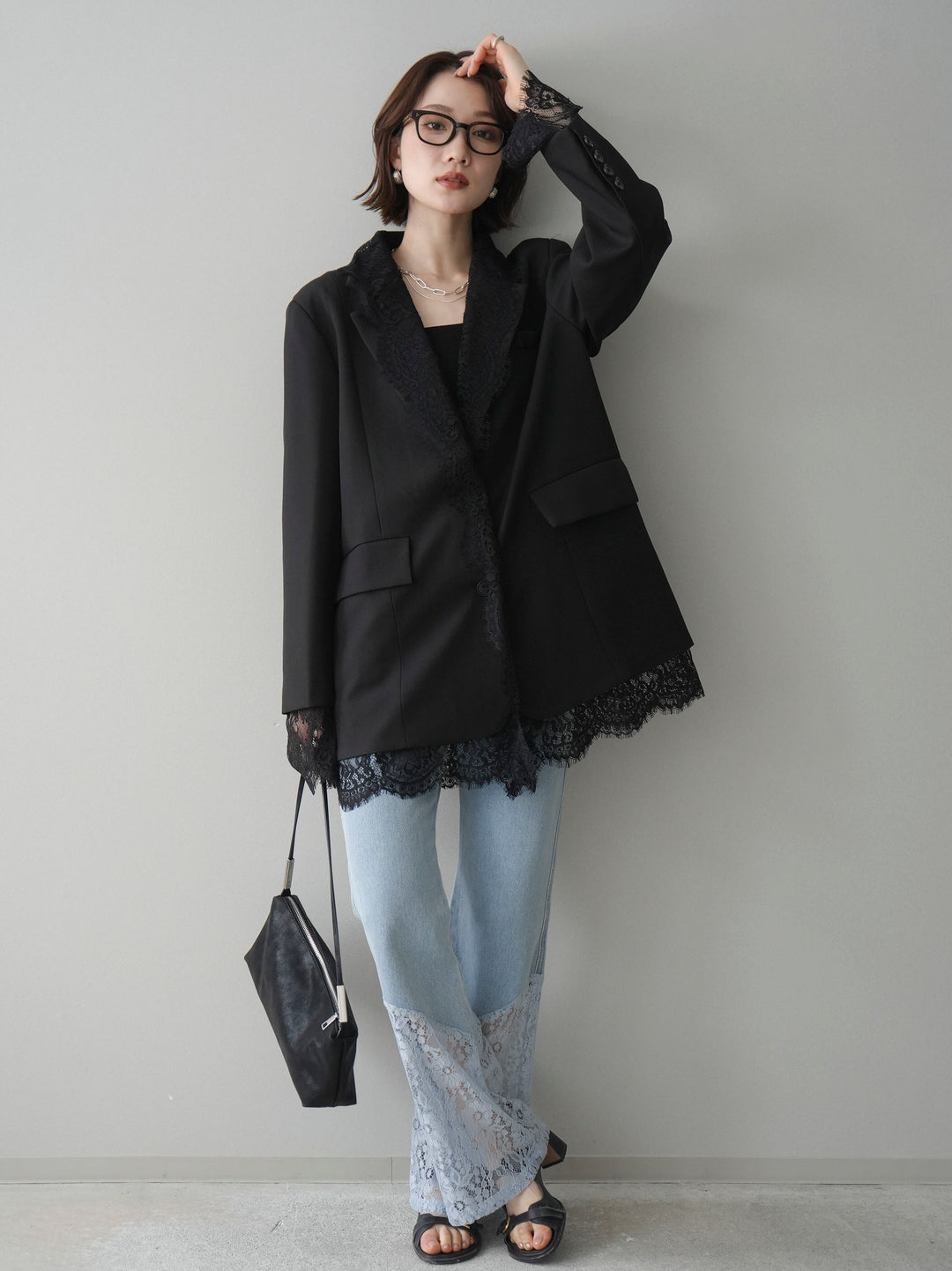 [予約]レース切替フレアデニムパンツ/bleach