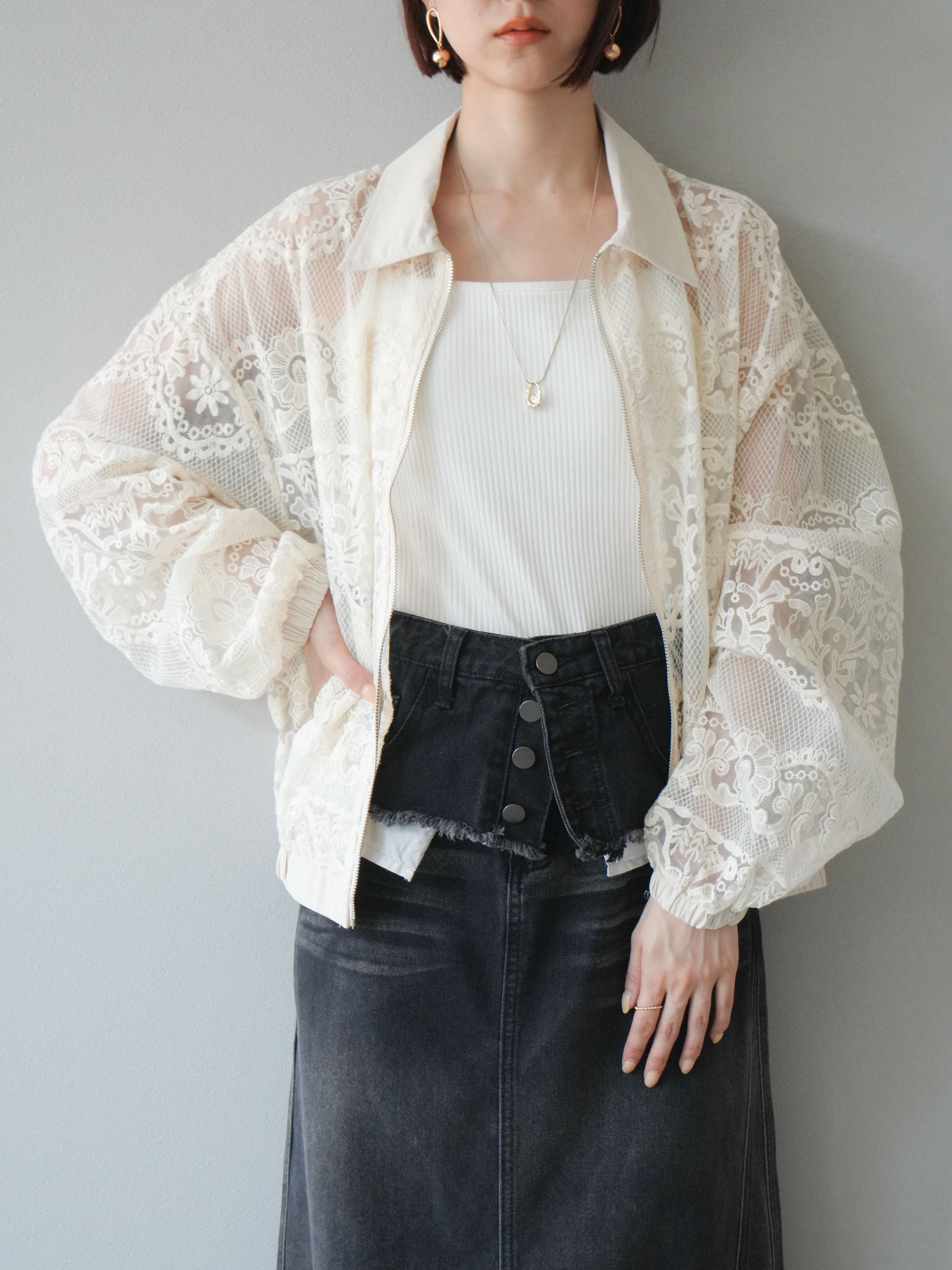 予約]襟付きレースブルゾン/アイボリー – Lumier