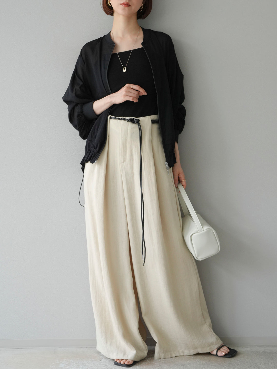 【預購】繩紋設計腰帶亞麻觸感寬褲/米色