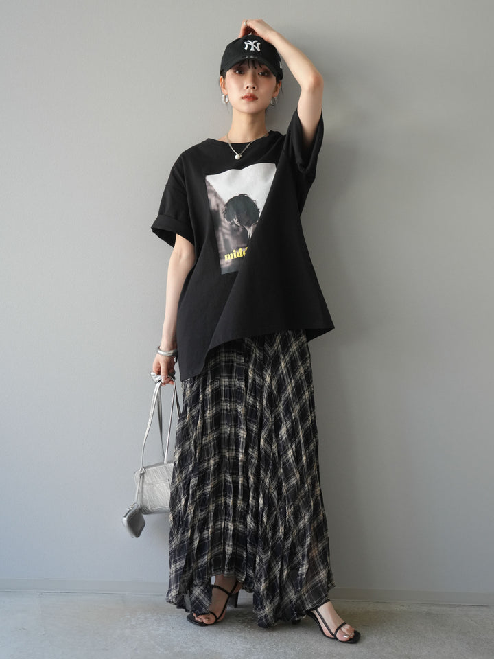 [SET]ネオンロゴフォトプリントBIG Tシャツ+シアーチェックアシンメトリーワッシャースカート(2set)