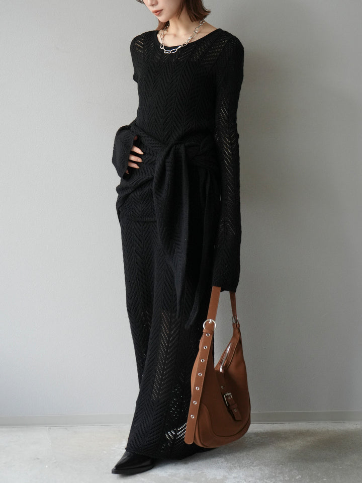 [予約]透かし編みニットトップス/ブラック