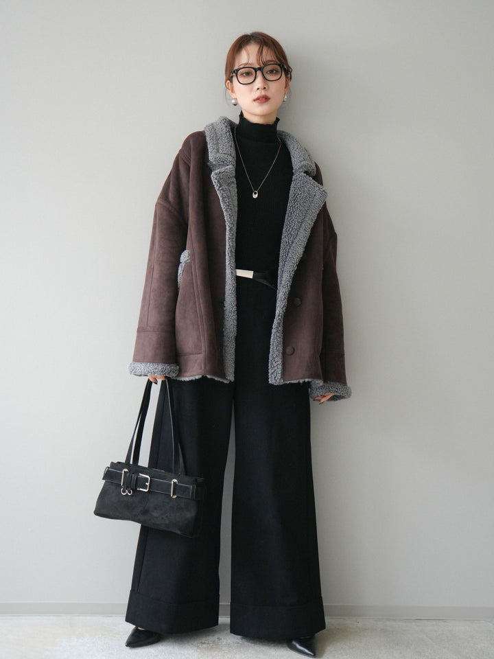 [予約]ベルト付き折り返しコットンツイルワイドパンツ/black