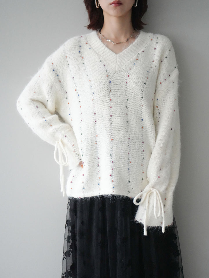 [SET]キャンディースリーブカラーネップスパンコールニットプルオーバー+フラワーフロッキーチュールプリーツスカート(2set)