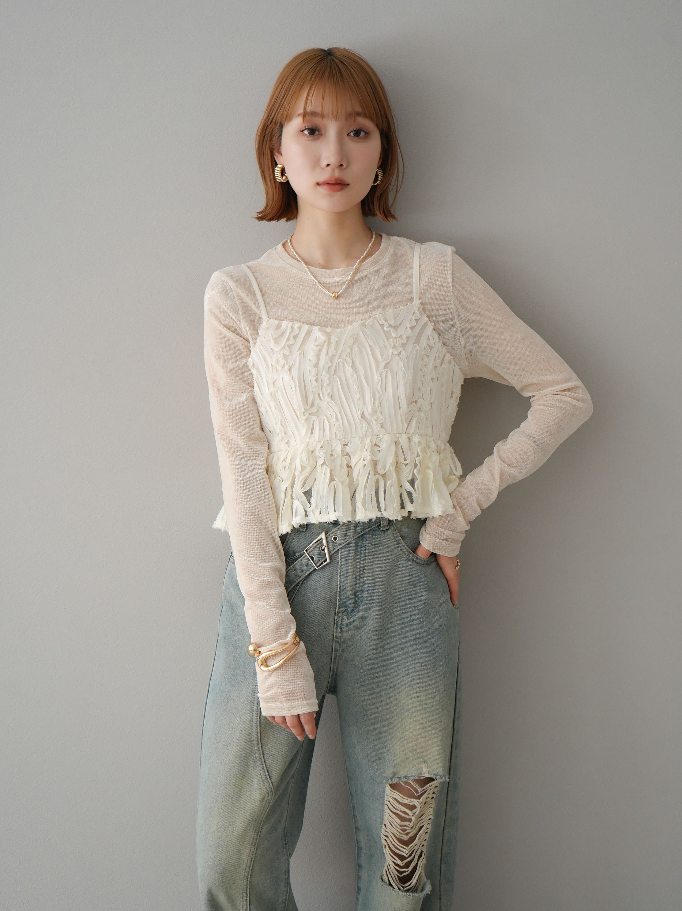 SET]ジャガードラインレースキャミソール+シアーベロア