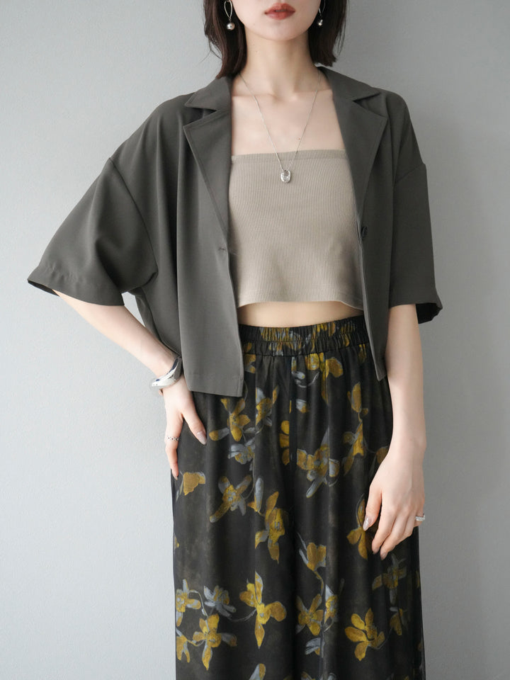 [SET]ハーフショートジャケット+フラワープリントチュールレイヤードパンツ(2set)