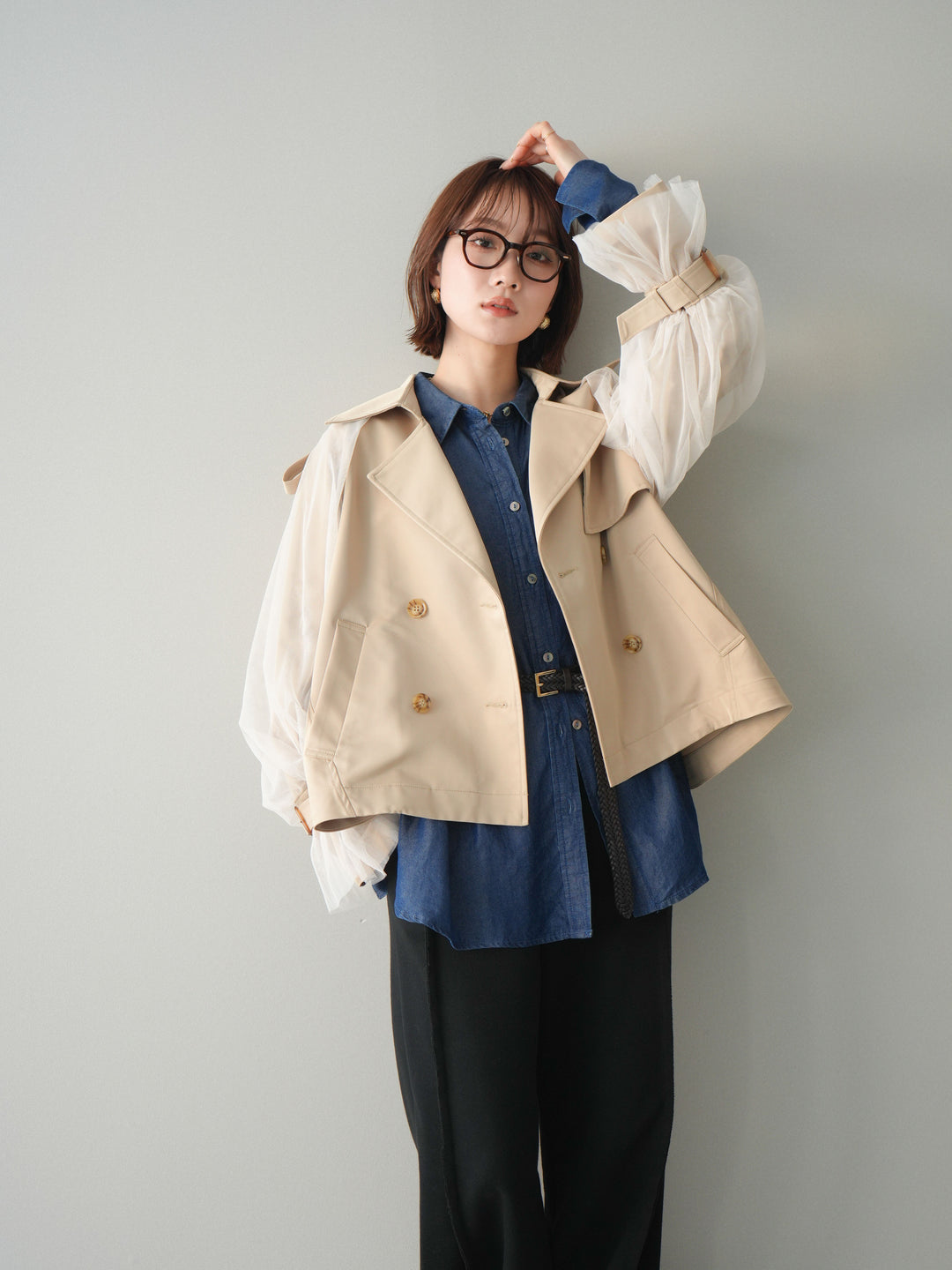 【預購】薄紗層疊蓬鬆袖短風衣/米色