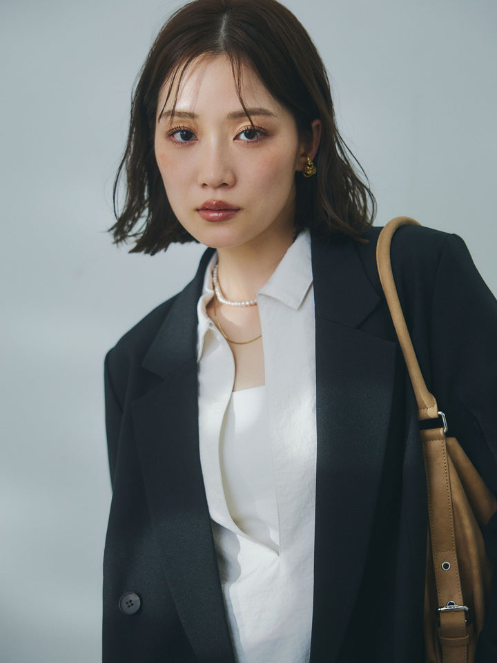 【Allure】[SET]杢調ライトテーラードジャケット+コットンライクスキッパーシャツ+ウエストフリンジカットオフカーブデニムパンツ(3set)