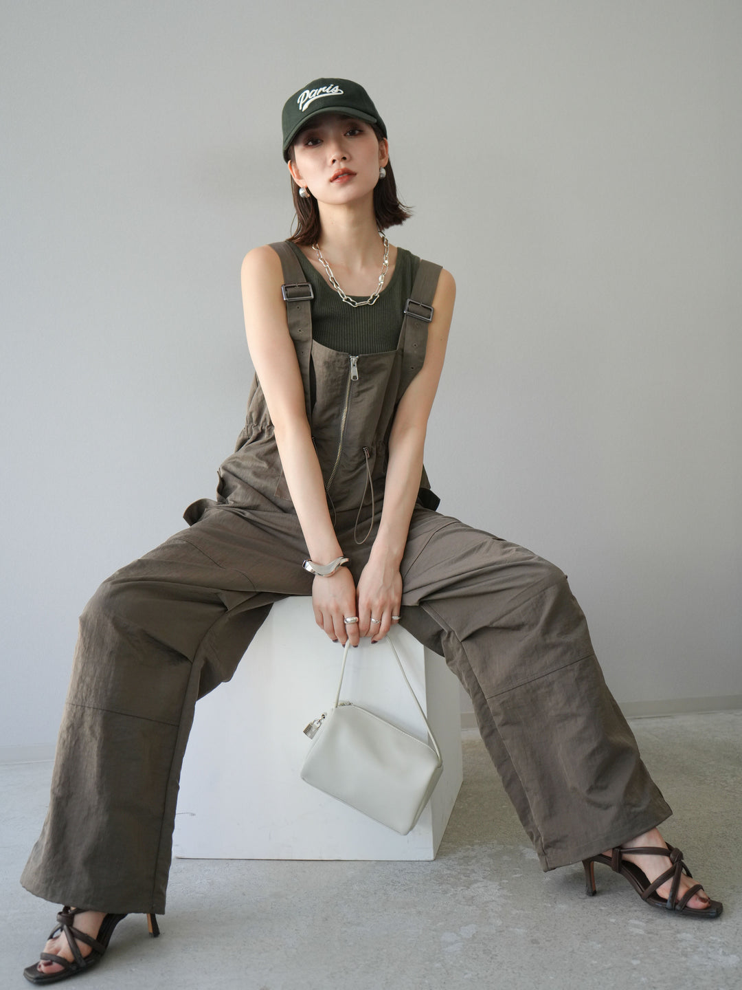 [予約]ナイロンタックデザインサロペット/カーキ