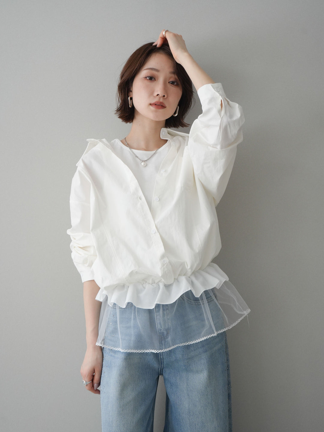 [予約]裾チュールノースリーブカットソー＆シャツドッキングトップス/white