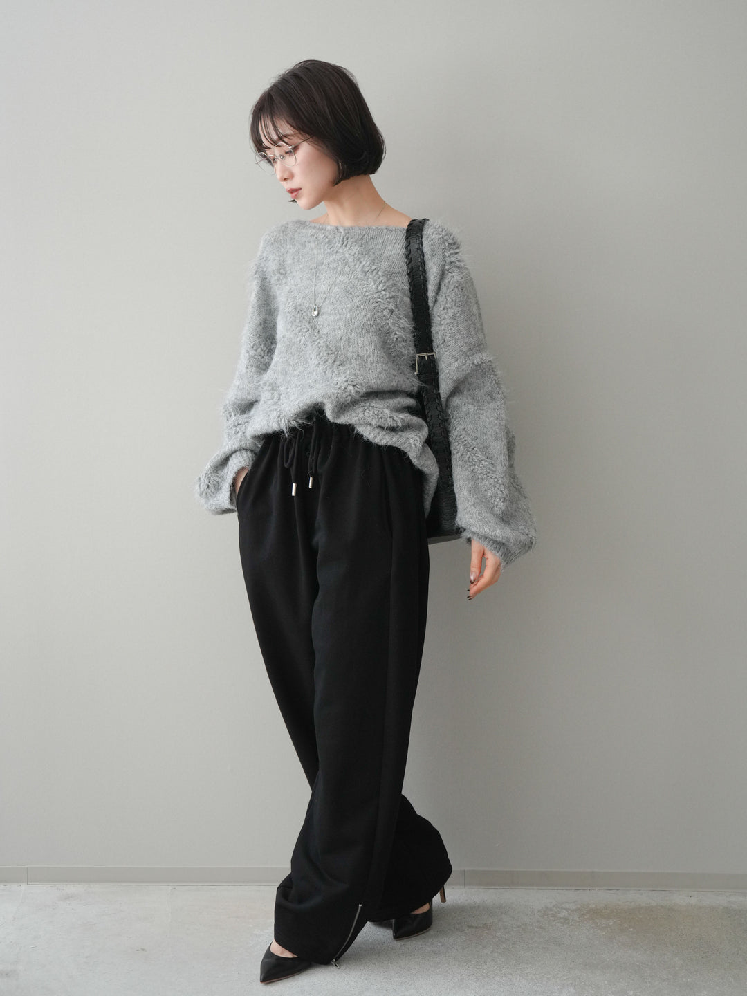 [SET]シャギーデザインニットプルオーバー+裾ZIPスエットワイドパンツ(2set)