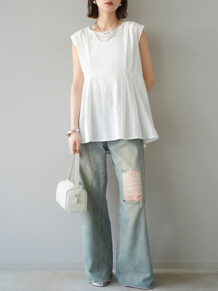 [予約]ドビーストライプタックブラウス/ホワイト