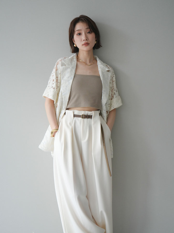 【套裝】花朵蕾絲短袖外套+垂褶收腰帶環長褲（兩件套）