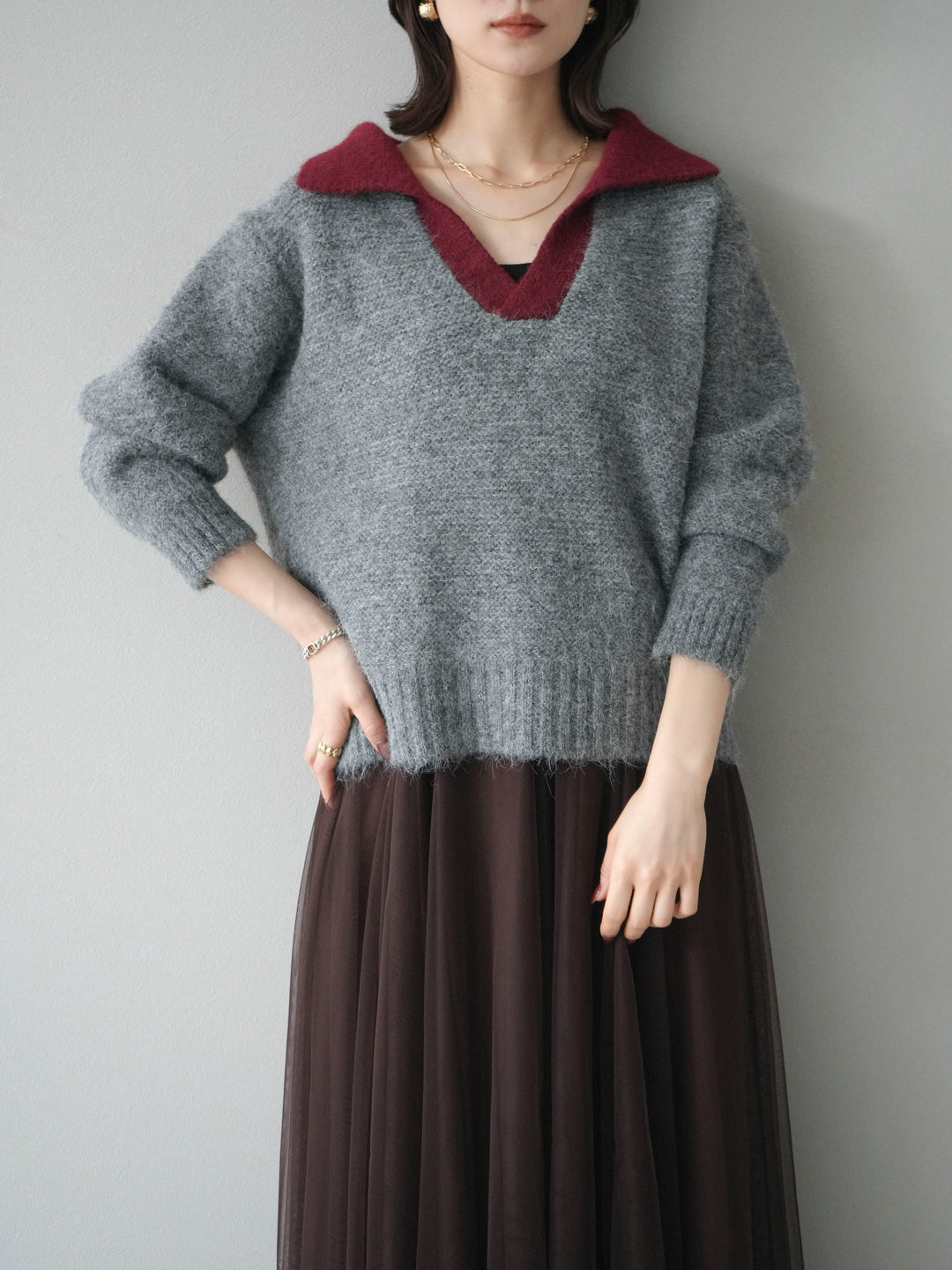 [予約]バイカラー襟付きニットプルオーバー/gray