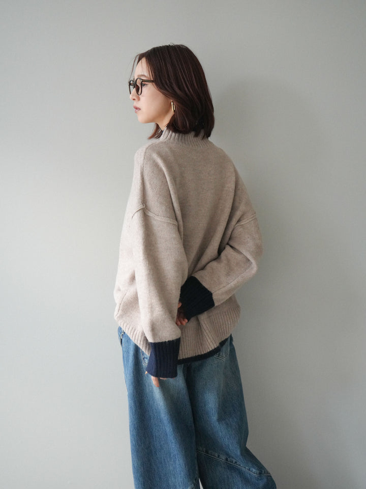 [SET]配色ハイネックニットプルオーバー+ペインターカーブデニムパンツ(2set)