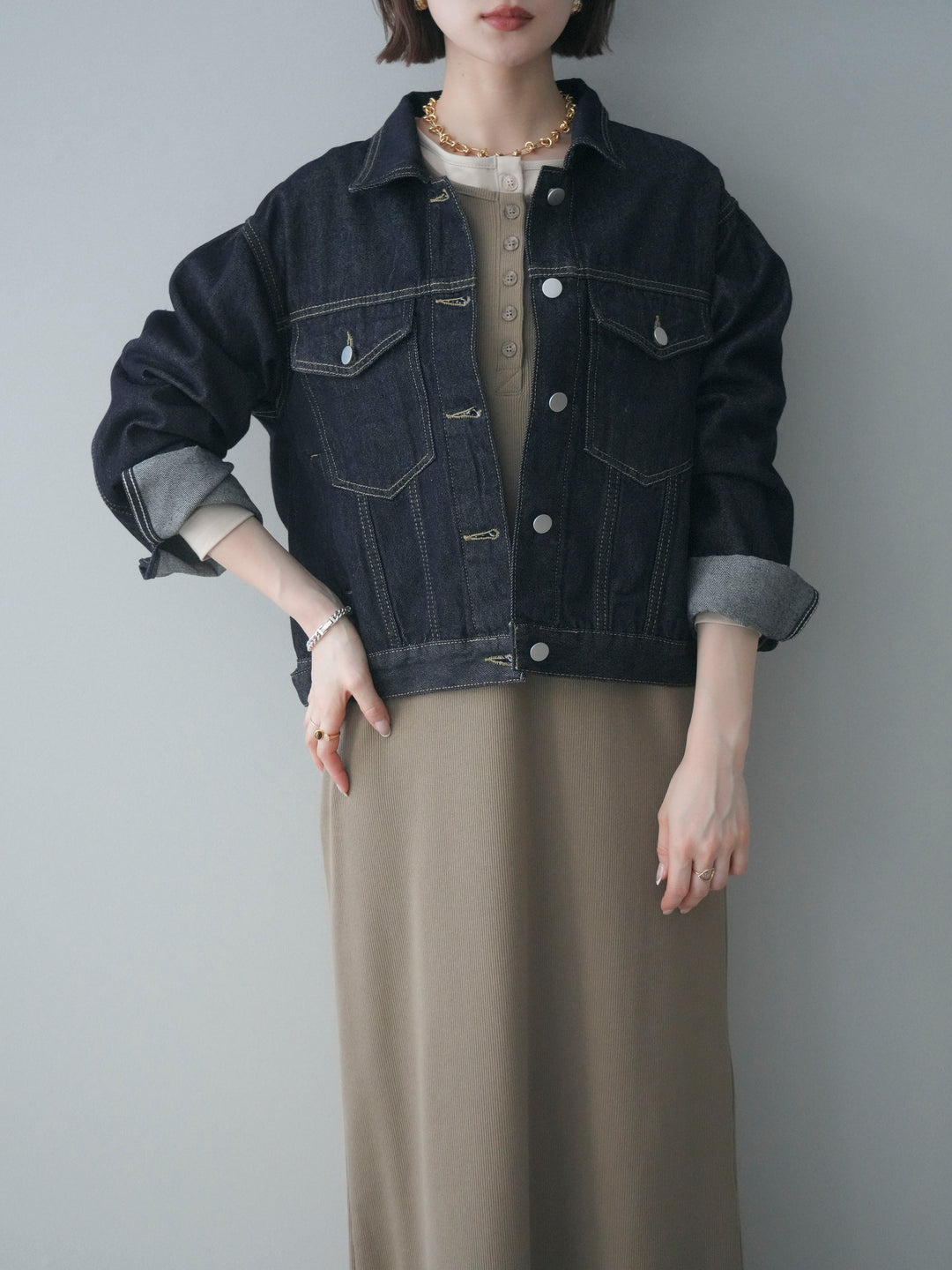 [予約]配色レイヤードヘンリーネックカットリブワンピース/mocha