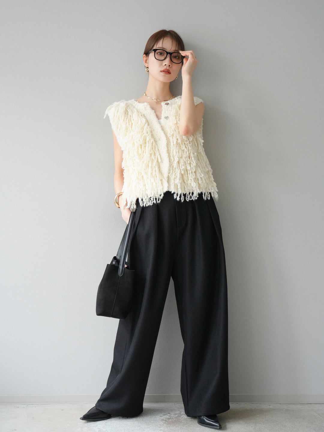 [予約]レザーパイピングタックワイドパンツ/ブラック