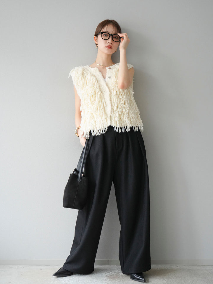 [予約]レザーパイピングタックワイドパンツ/ブラック