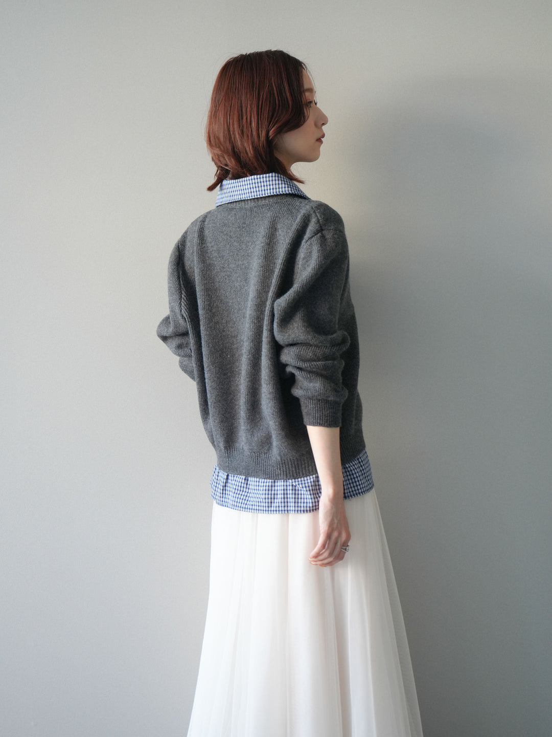 [SET]チェックシャツ襟ニットカーディガン+チュールボリュームスカート(2set)