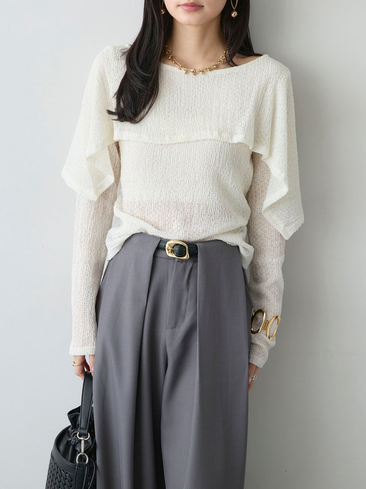 【套裝】蕾絲披肩式上衣+皮帶環式寬褲（兩件套）