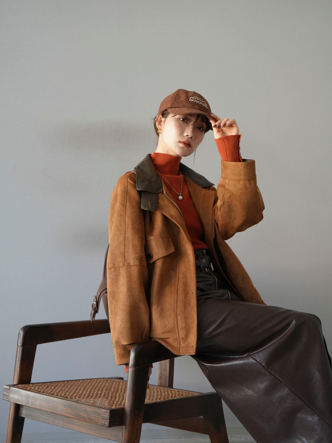 [予約]デザインポケットレザー襟スウェードジャケット/キャメル