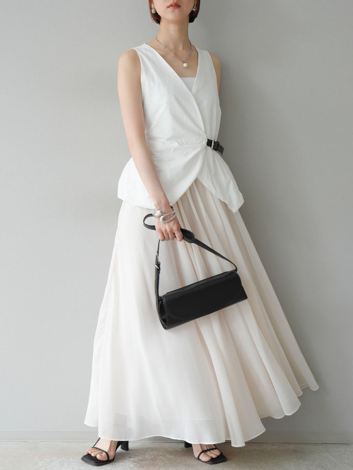 [SET]ベルトデザインバルーンブラウス+シフォンフレアスカート(2set)