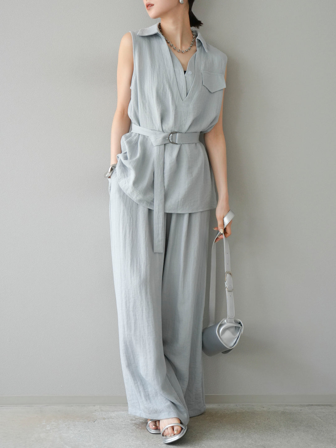 [SET]リネンライクスキッパーブラウス＆ワイドパンツSET UP