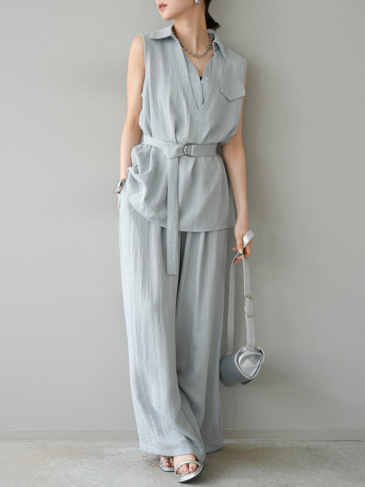 [SET]リネンライクスキッパーブラウス＆ワイドパンツSET UP