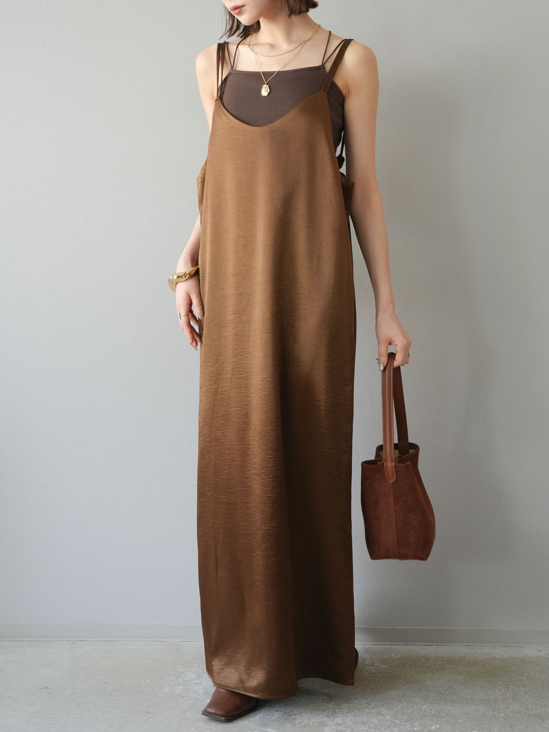 [予約]サテンキャミワンピース/ブラウン