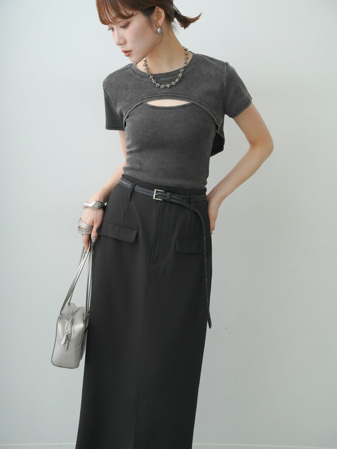 [SET]フロントオープンレイヤードトップスセット+クレープデシンフラップ付きストレートスカート(2set)