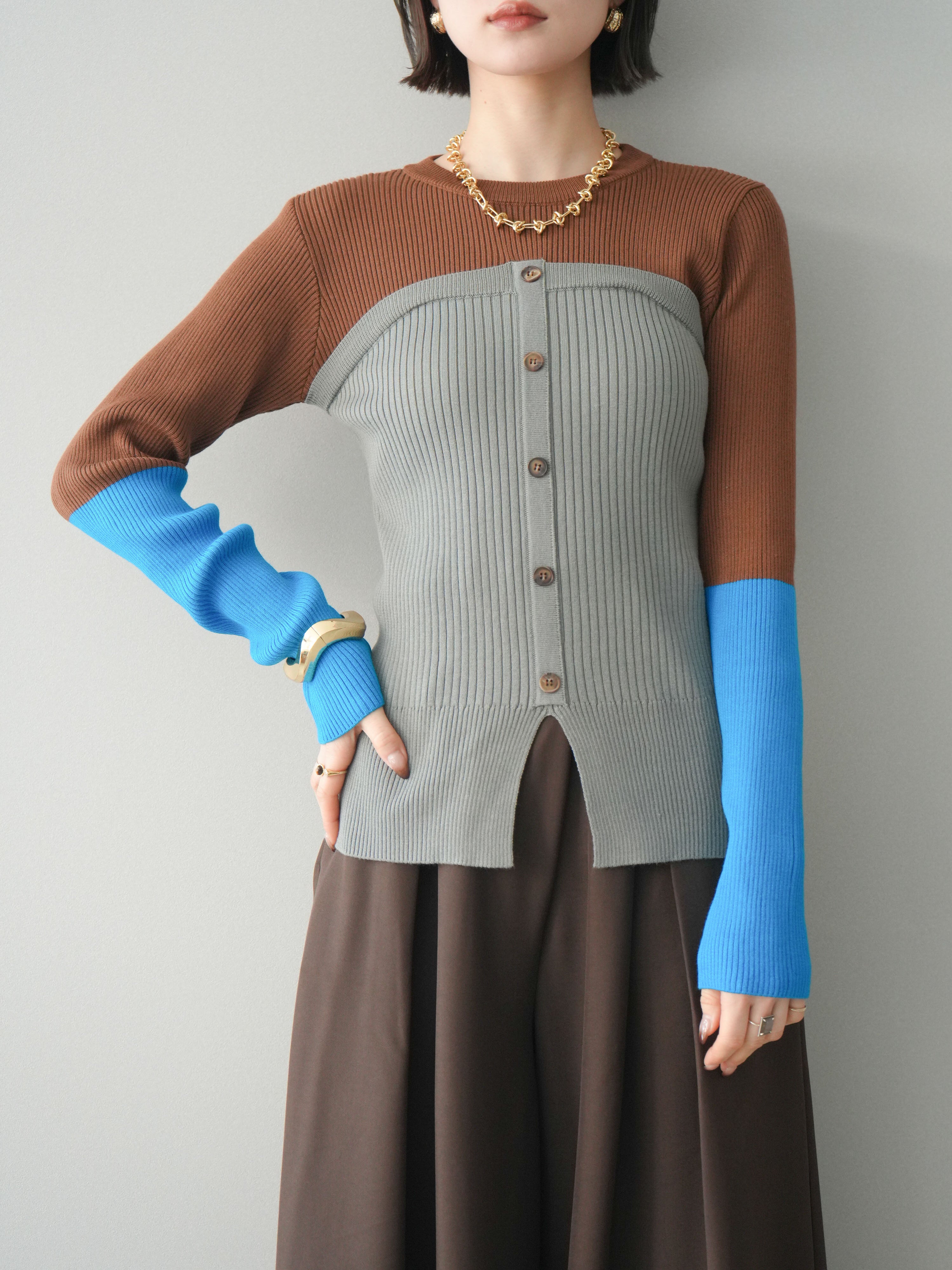 予約]配色ビスチェドッキングリブニットトップス/brown – Lumier