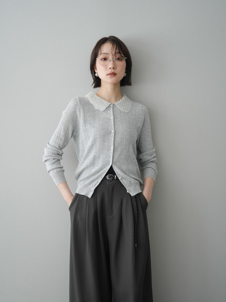 [予約]ビジュー襟パールボタンニットカーディガン/gray