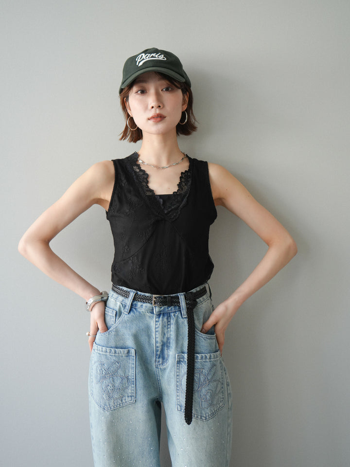 [予約]シアーストレッチレースノースリーブトップス/black
