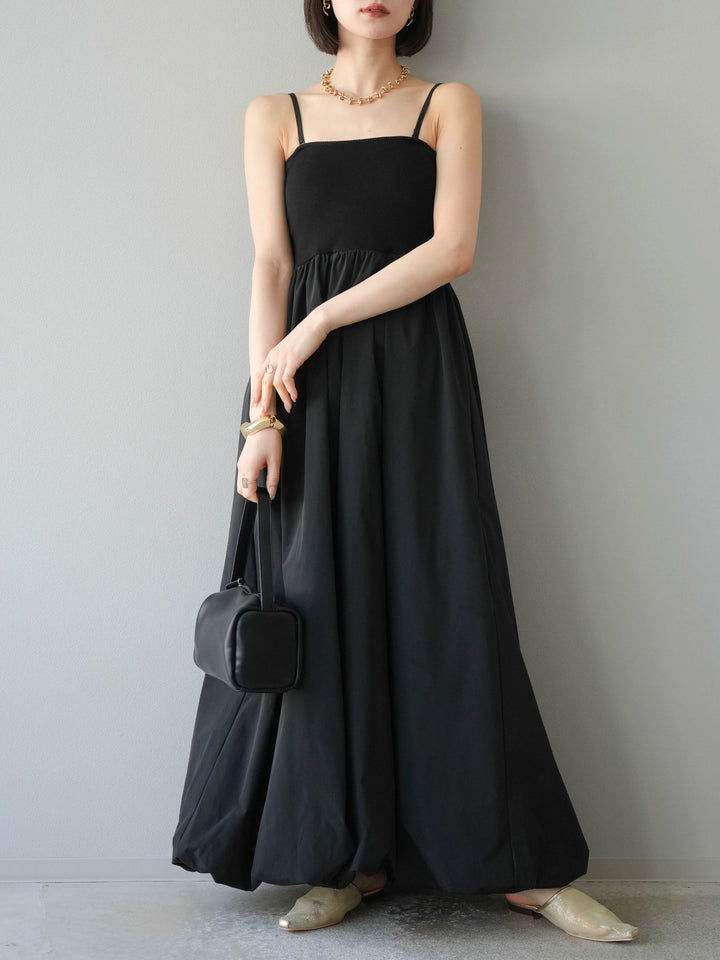 [予約]異素材ドッキングカップ付ベアキャミバルーンワンピース/ブラックブラック
