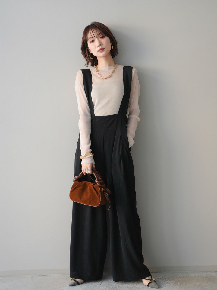 [予約]シボ加工ハイウエストタックサロペット/black